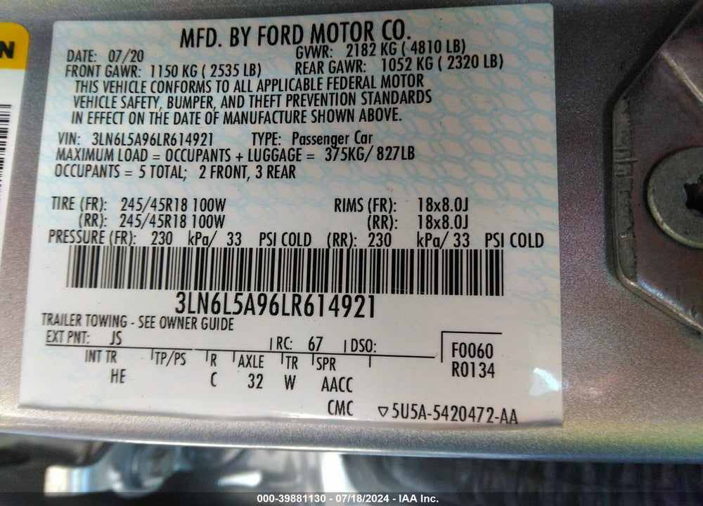 2020 LINCOLN MKZ STANDARD VIN: 3LN6L5A96LR614921