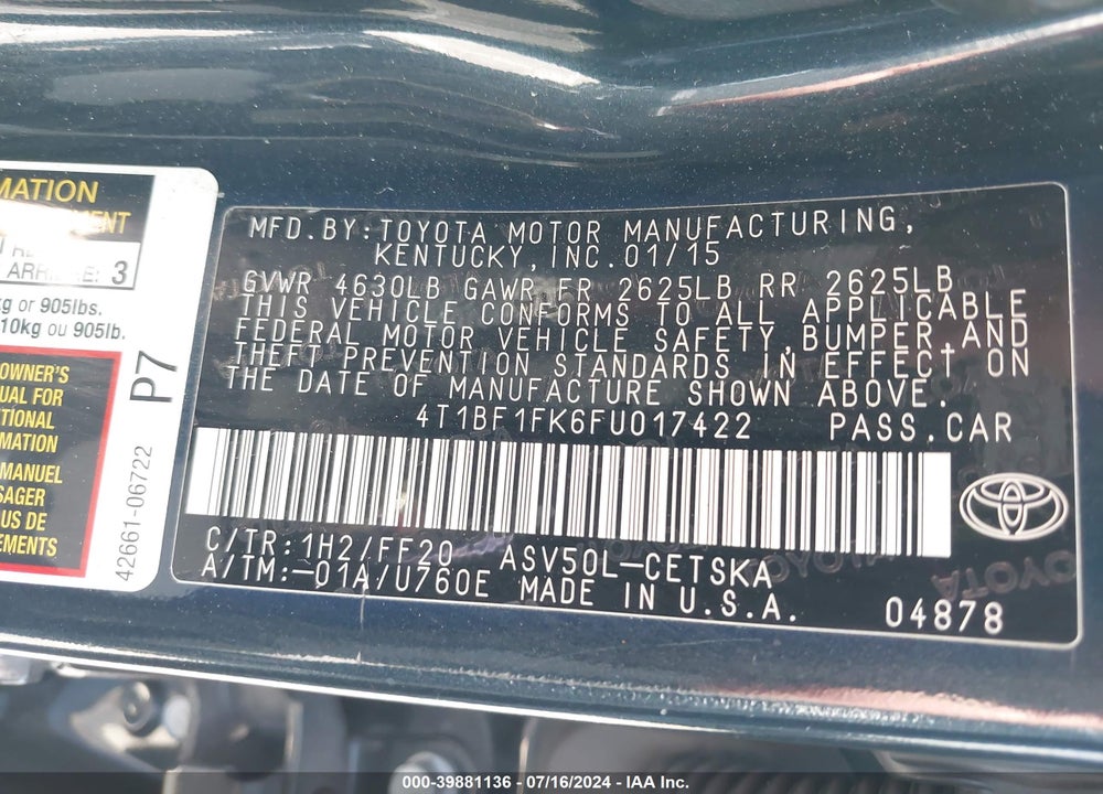 2015 TOYOTA CAMRY SE VIN: 4T1BF1FK6FU017422