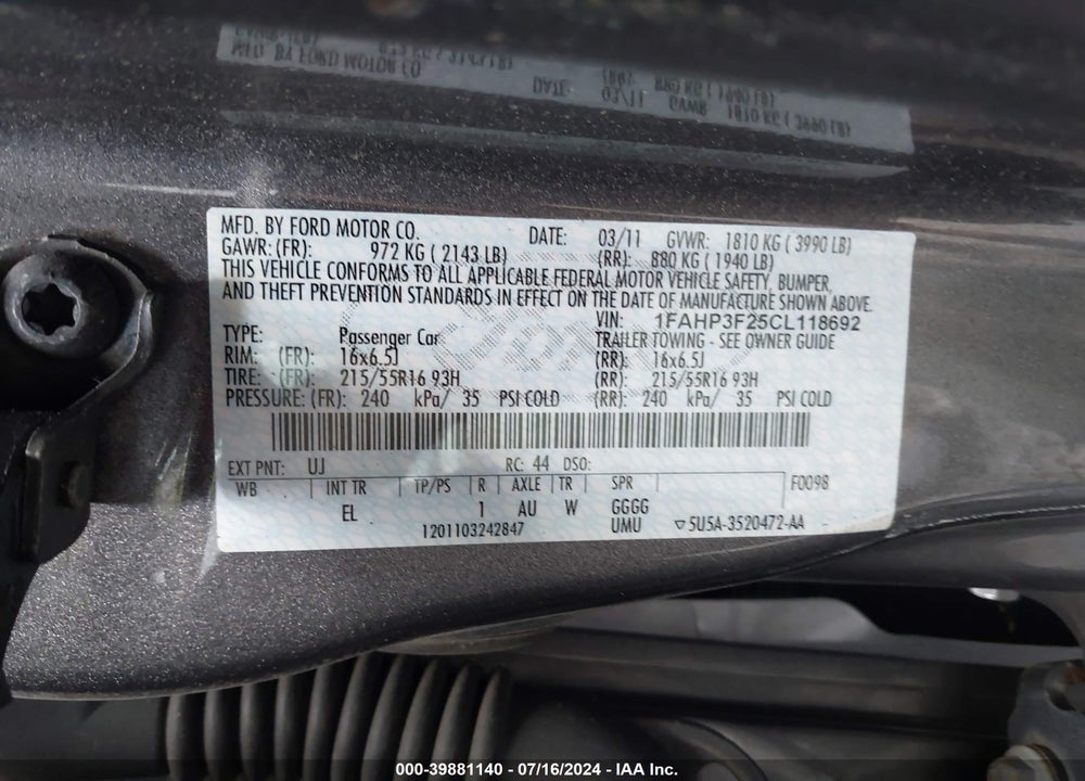 2012 FORD FOCUS SE VIN: 1FAHP3F25CL118692