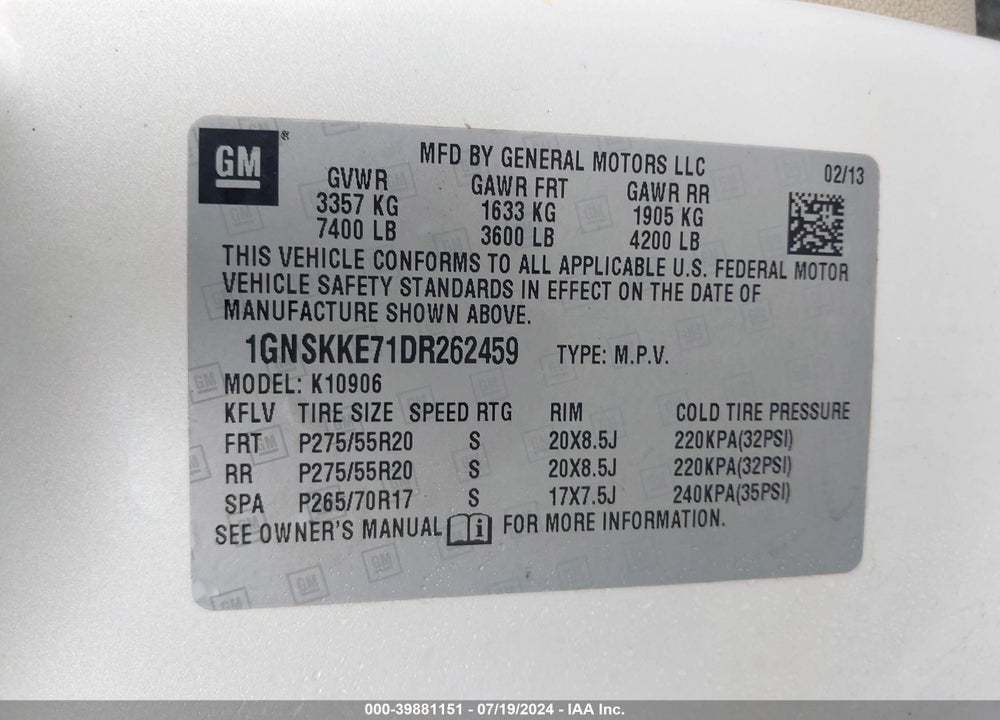 2013 CHEVROLET SUBURBAN 1500 LTZ VIN: 1GNSKKE71DR262459