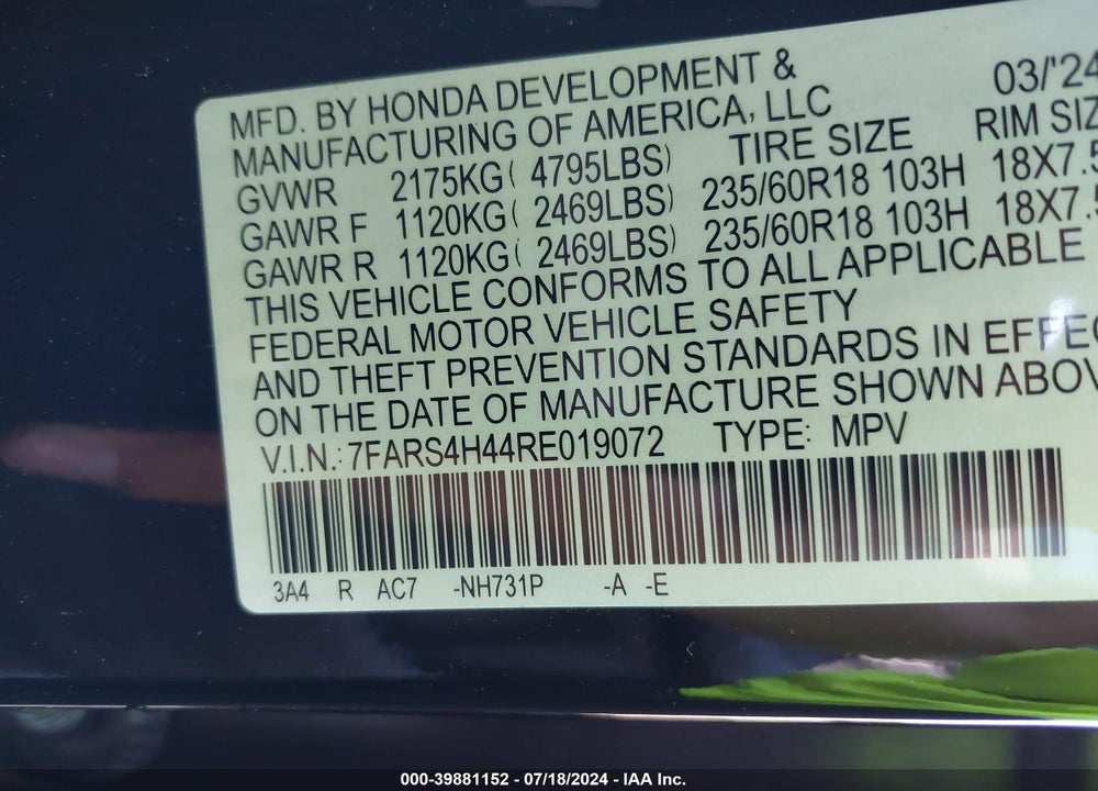 2024 HONDA CR-V EX AWD VIN: 7FARS4H44RE019072