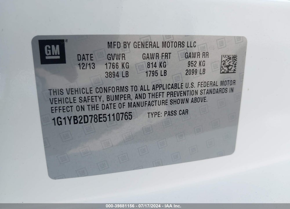 2014 CHEVROLET CORVETTE STINGRAY VIN: 1G1YB2D78E5110765