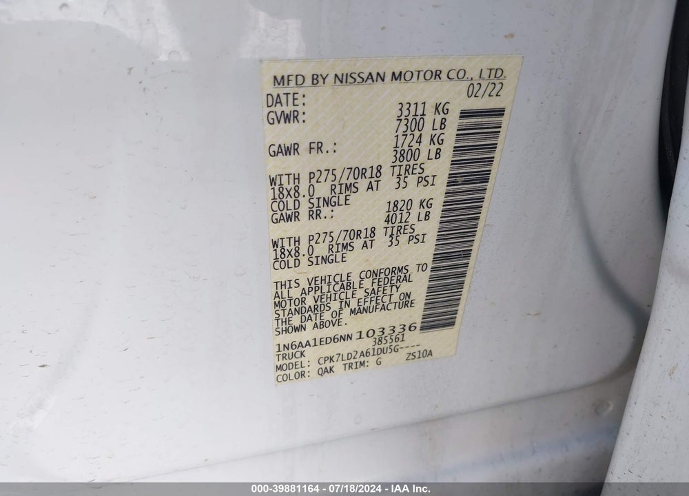 2022 NISSAN TITAN PRO-4X 4X4 VIN: 1N6AA1ED6NN103336