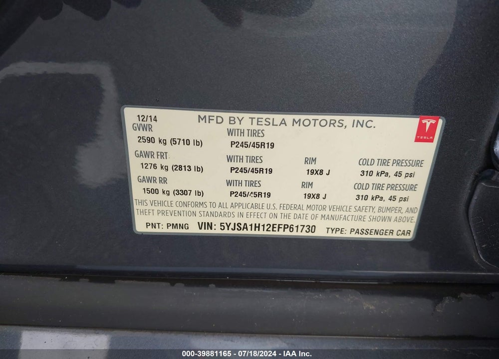 2014 TESLA MODEL S P85 VIN: 5YJSA1H12EFP61730