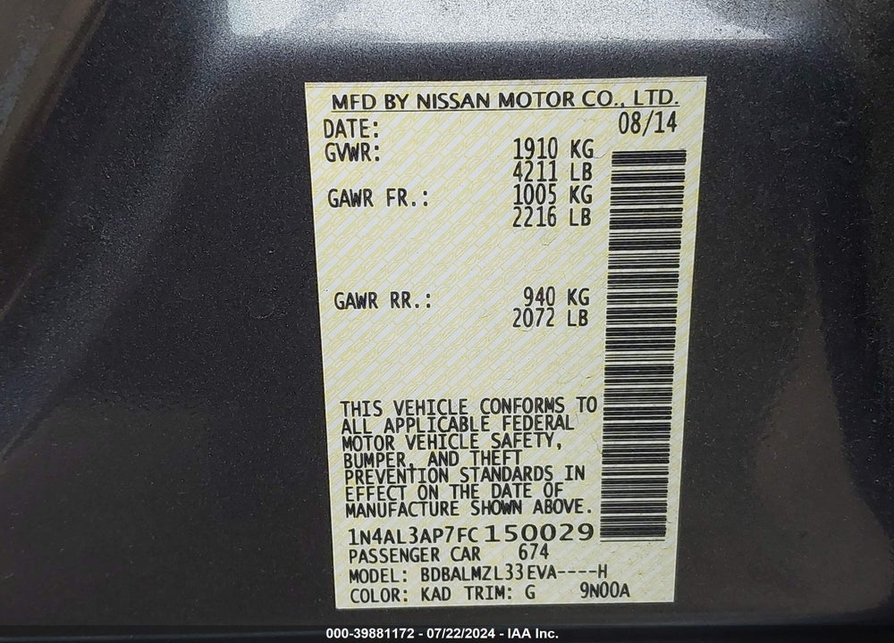 2015 NISSAN ALTIMA 2.5 SV VIN: 1N4AL3AP7FC150029