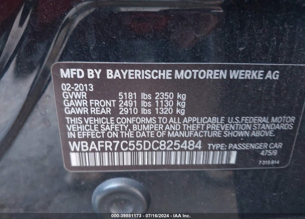 2013 BMW 535I VIN: WBAFR7C55DC825484