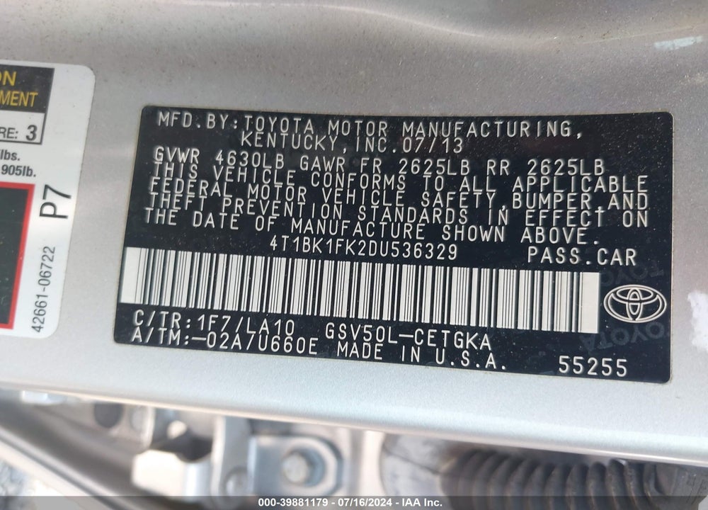 2013 TOYOTA CAMRY XLE V6 VIN: 4T1BK1FK2DU536329