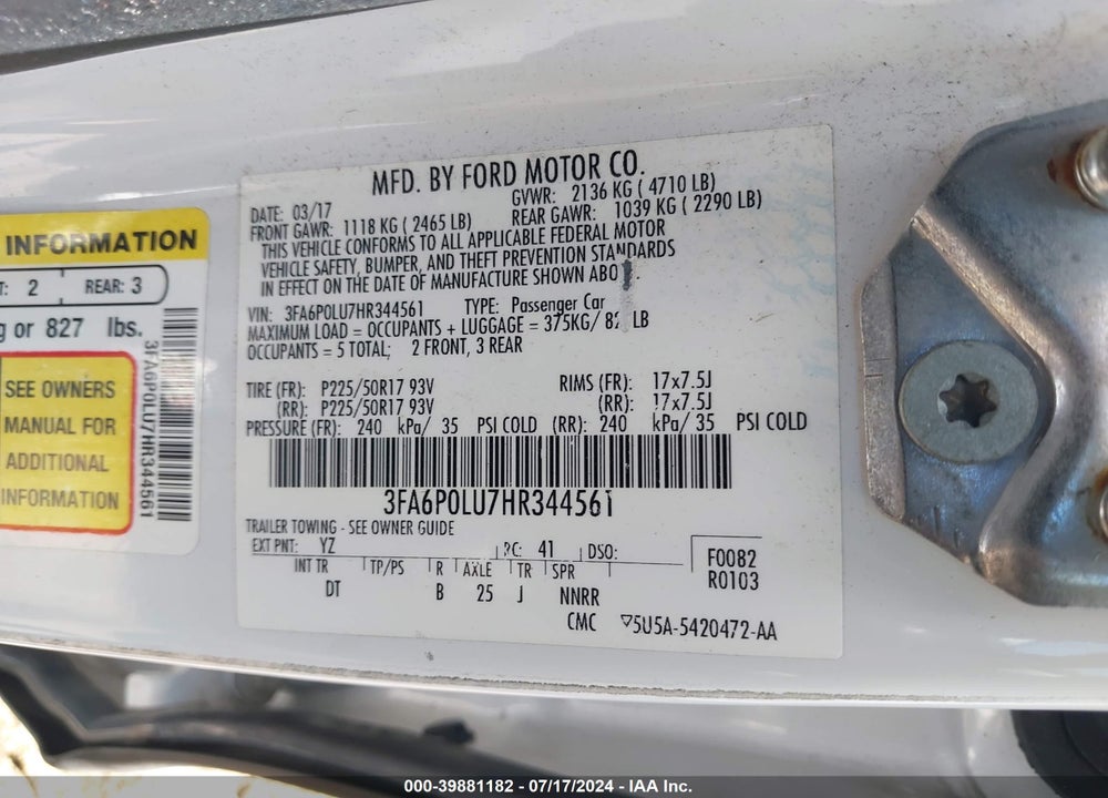 2017 FORD FUSION HYBRID SE VIN: 3FA6P0LU7HR344561