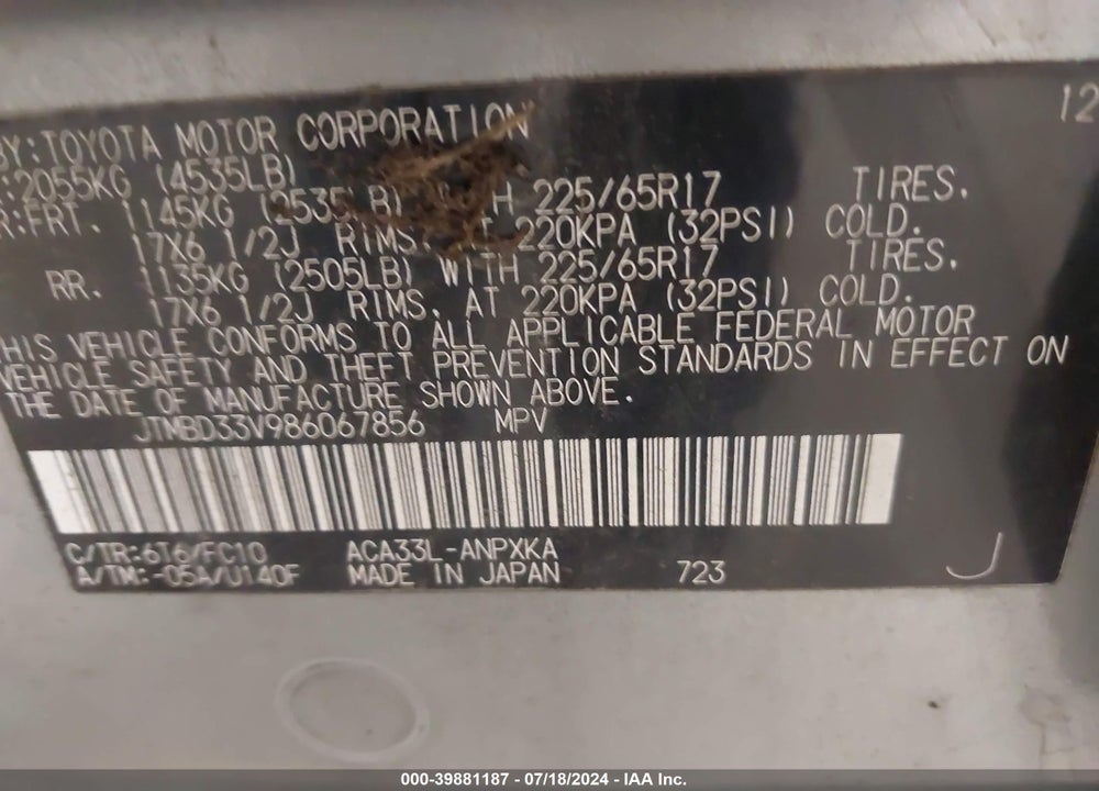 2008 TOYOTA RAV4 VIN: JTMBD33V986067856