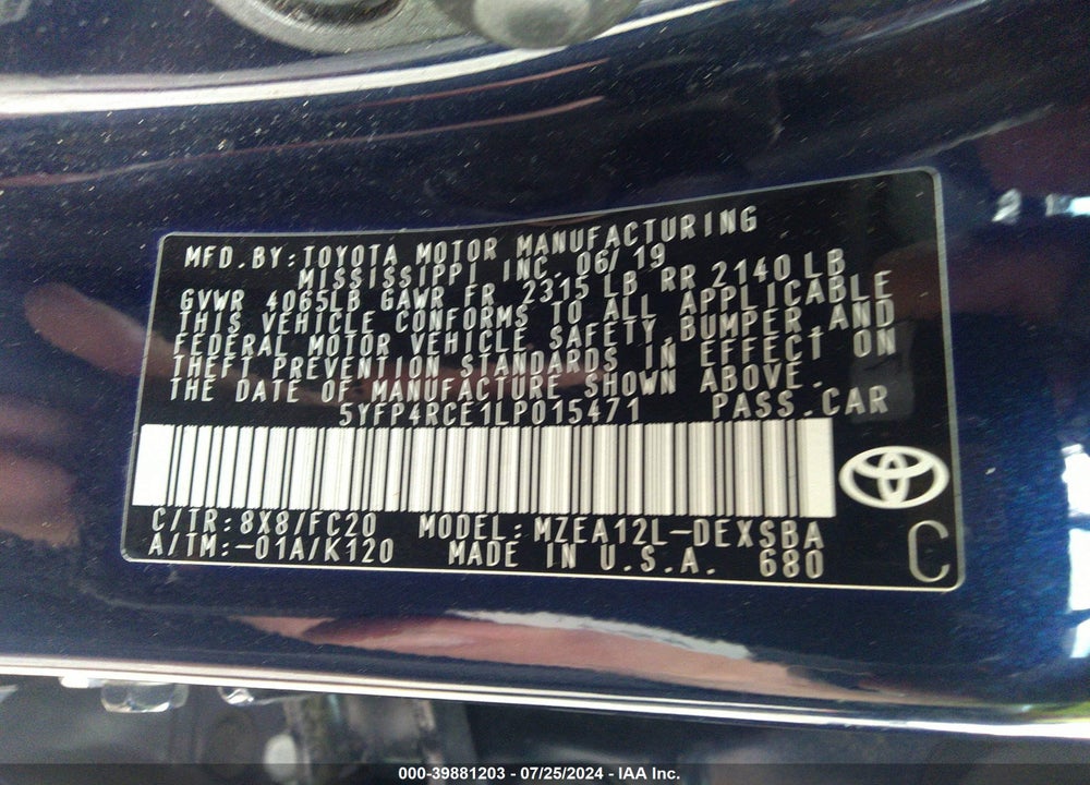 2020 TOYOTA COROLLA SE VIN: 5YFP4RCE1LP015471