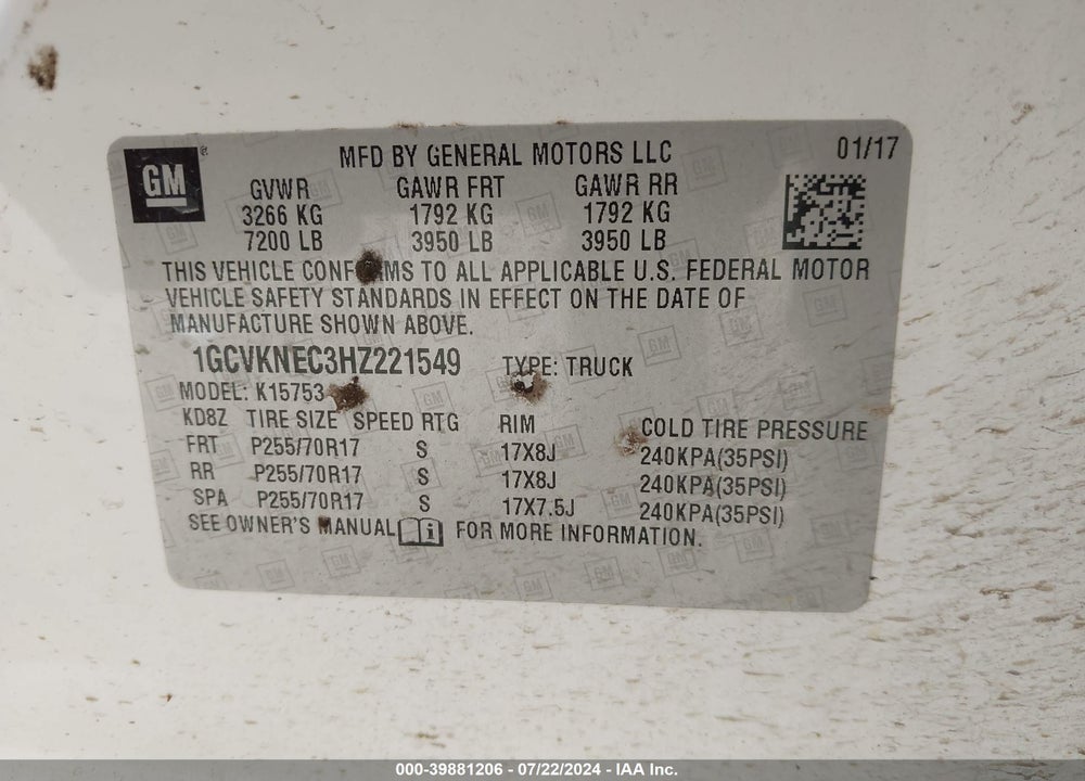 2017 CHEVROLET SILVERADO 1500 WT VIN: 1GCVKNEC3HZ221549