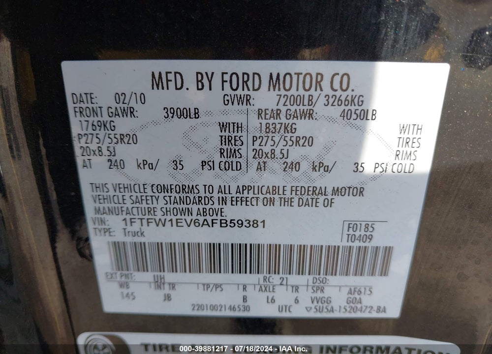 2010 HARLEY-DAVIDSON FORD F-150 FX4//KING RANCH/LARIAT/PLATINUM/XL/XLT VIN: 1FTFW1EV6AFB59381