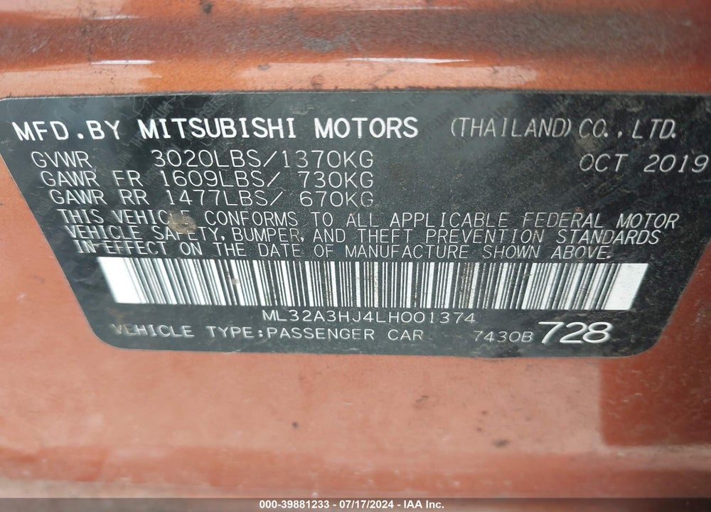 2020 MITSUBISHI MIRAGE SE VIN: ML32A3HJ4LH001374