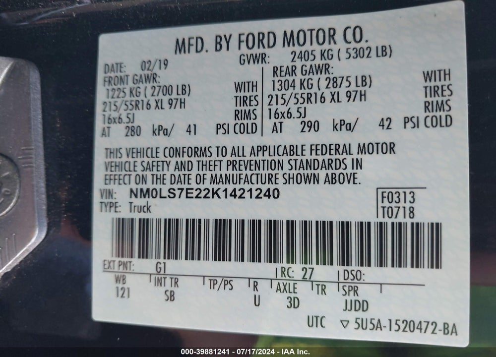 2019 FORD TRANSIT CONNECT XL VIN: NM0LS7E22K1421240