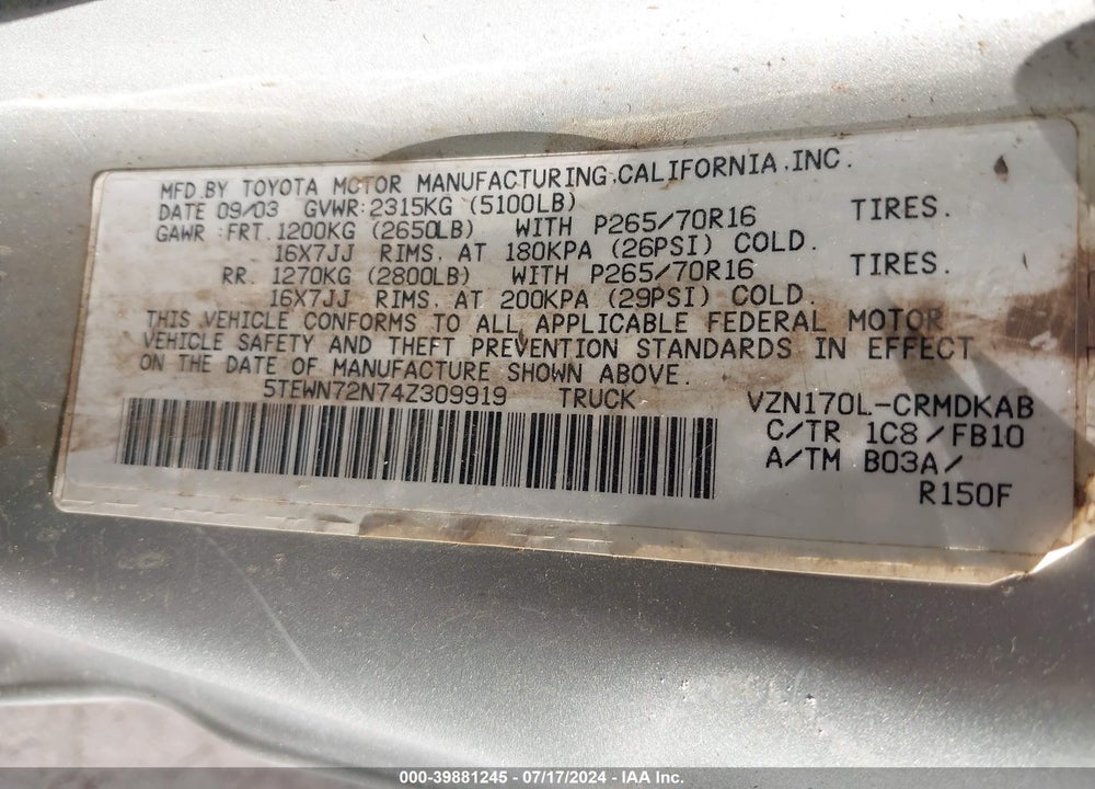 2004 TOYOTA TACOMA BASE V6 VIN: 5TEWN72N74Z309919