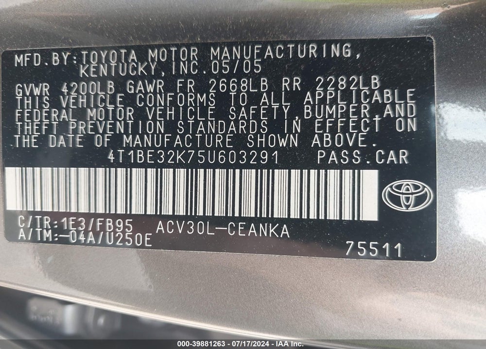 2005 TOYOTA CAMRY LE VIN: 4T1BE32K75U603291