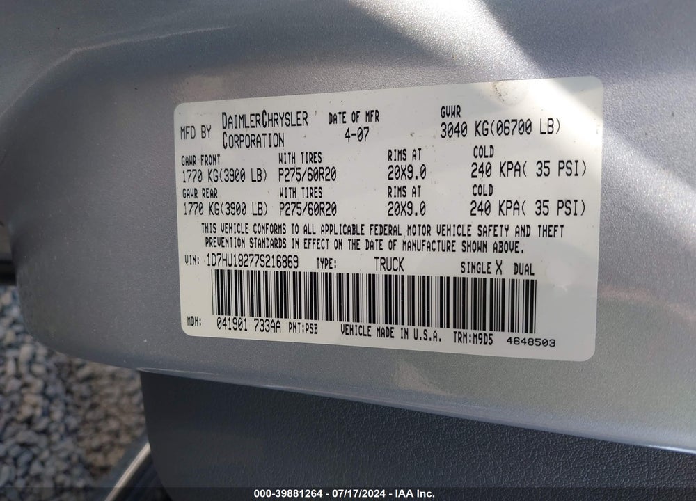 2007 DODGE RAM 1500 SLT/TRX4 OFF ROAD/SPORT VIN: 1D7HU18277S216869