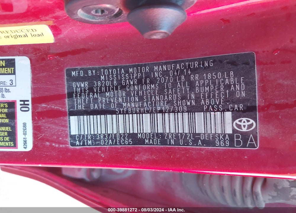 2014 TOYOTA COROLLA S PLUS VIN: 5YFBURHE7EP127309