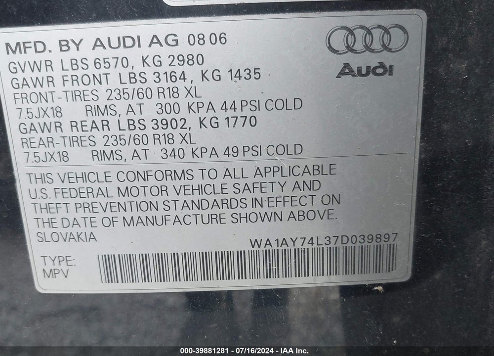 2007 AUDI Q7 3.6 VIN: WA1AY74L37D039897