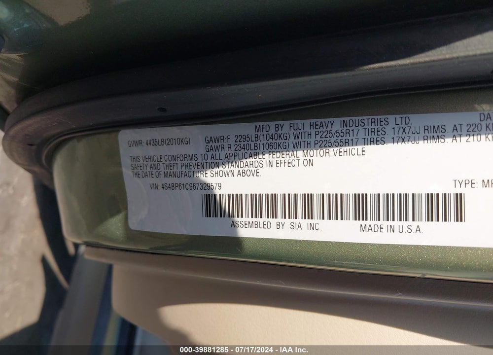 2006 SUBARU OUTBACK 2.5I VIN: 4S4BP61C967329579