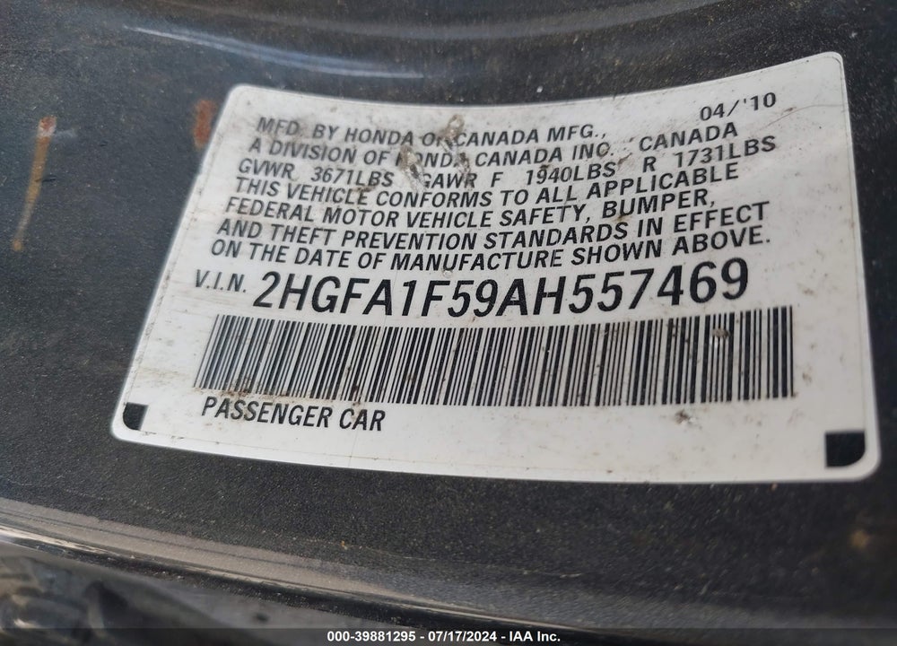 2010 HONDA CIVIC LX VIN: 2HGFA1F59AH557469