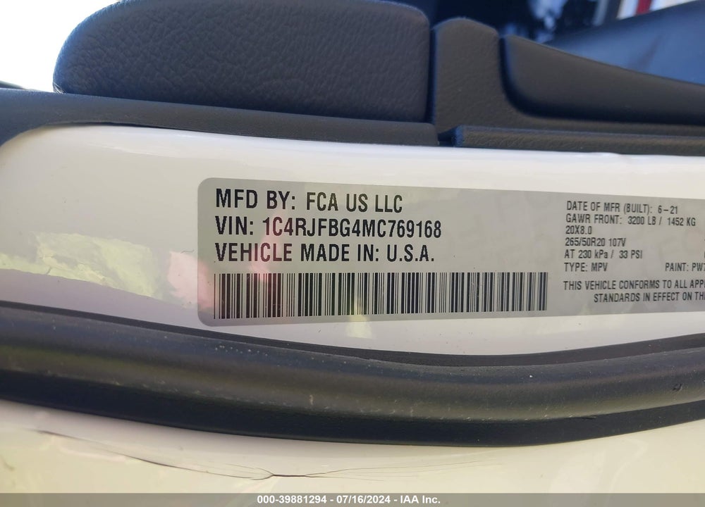 2021 CHEROKEE JEEP GRAND  LIMITED X 4X4 VIN: 1C4RJFBG4MC769168
