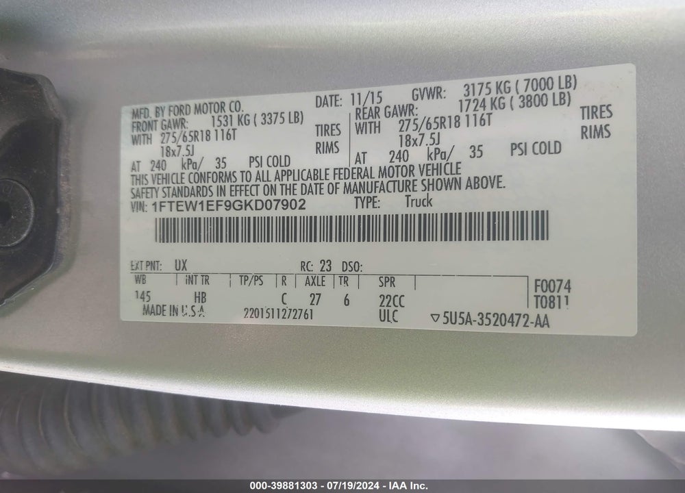 2016 FORD F150 SUPERCREW VIN: 1FTEW1EF9GKD07902