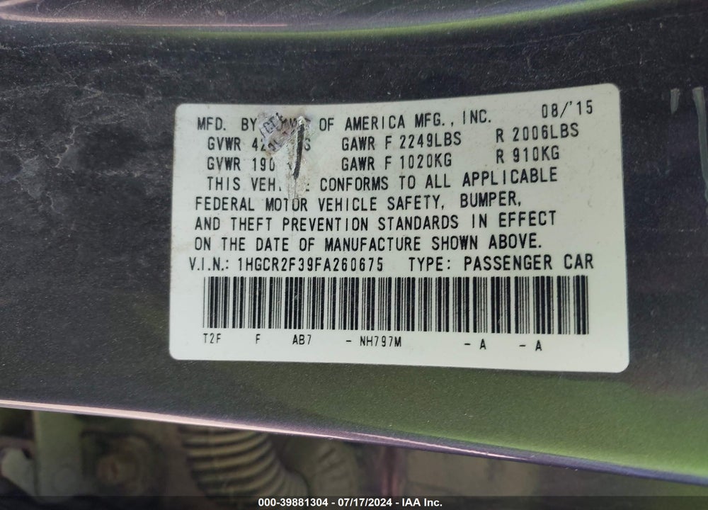 2015 HONDA ACCORD LX VIN: 1HGCR2F39FA260675