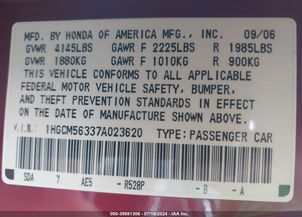 2007 HONDA ACCORD 2.4 SE VIN: 1HGCM56337A023620