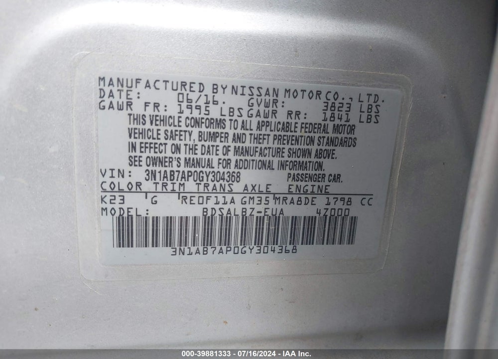 2016 NISSAN SENTRA S VIN: 3N1AB7AP0GY304368