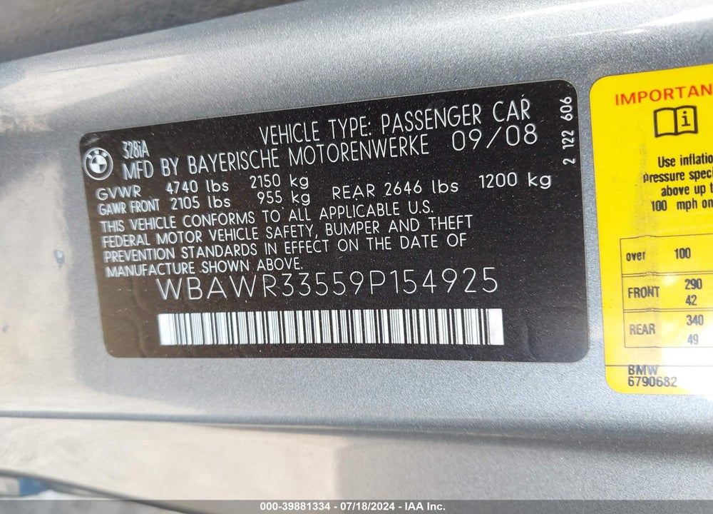 2009 BMW 328I VIN: WBAWR33559P154925