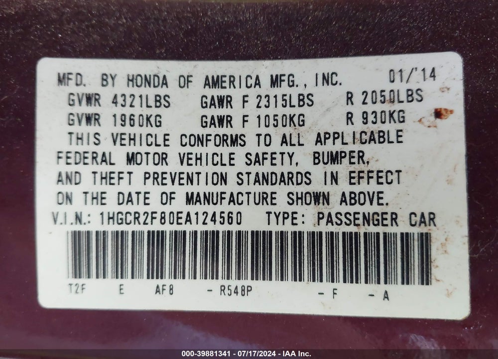 2014 HONDA ACCORD EX-L VIN: 1HGCR2F80EA124560