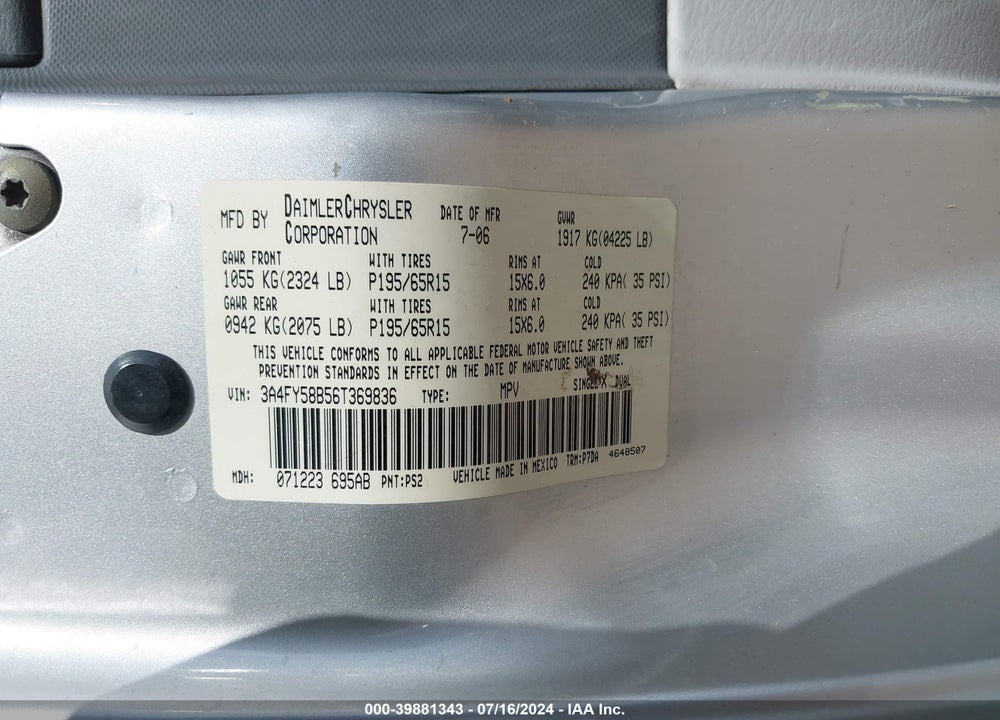 2006 CHRYSLER PT CRUISER TOURING VIN: 3A4FY58B56T369836