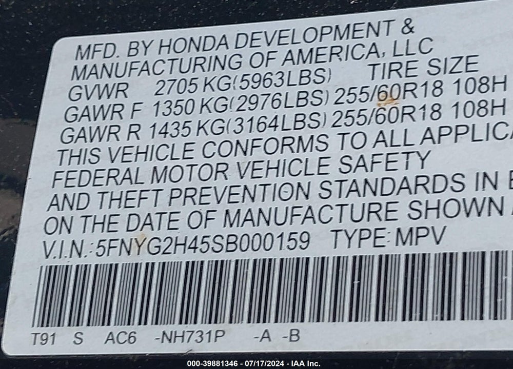 2025 HONDA PILOT 2WD EX-L VIN: 5FNYG2H45SB000159