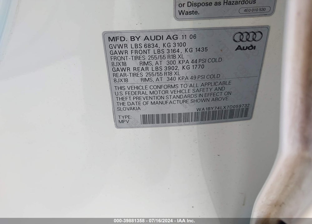 2007 AUDI Q7 VIN: WA1BY74LX7D059732