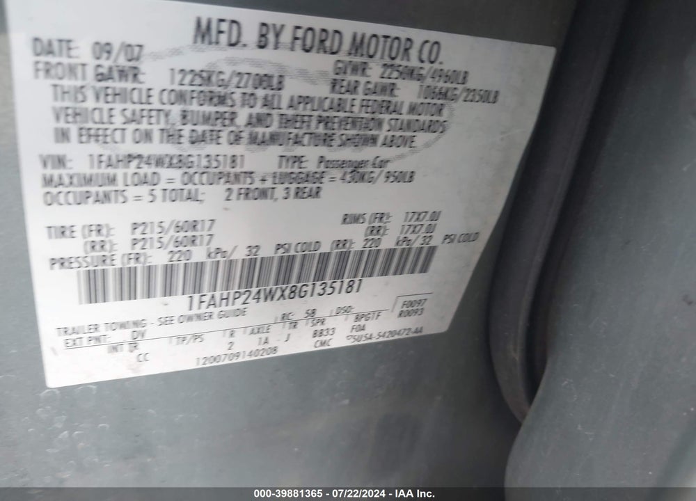2008 FORD TAURUS SEL VIN: 1FAHP24WX8G135181