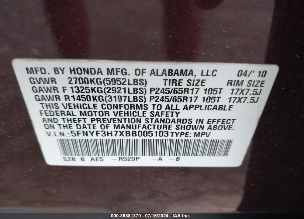 2011 HONDA PILOT EX-L VIN: 5FNYF3H7XBB005103