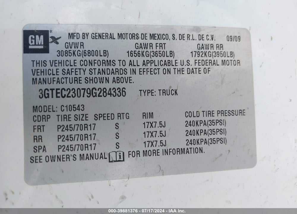 2009 GMC SIERRA 1500 SLE VIN: 3GTEC23079G284336