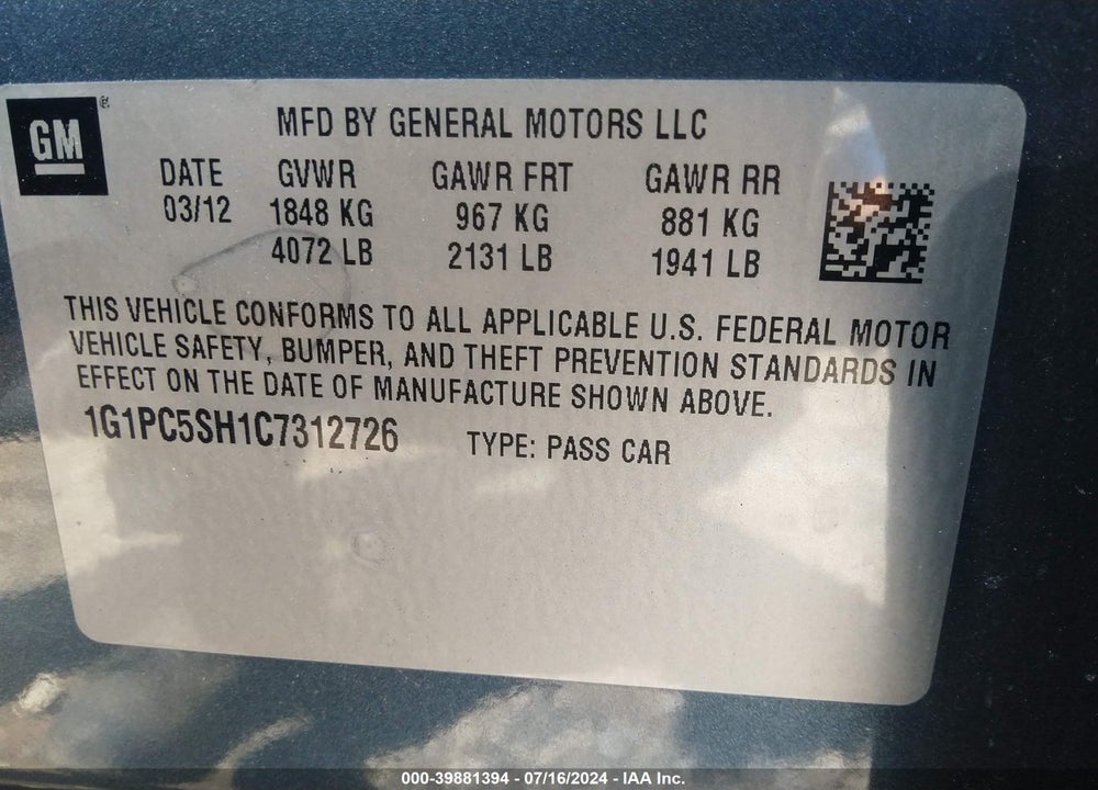 2012 CHEVROLET CRUZE LS VIN: 1G1PC5SH1C7312726