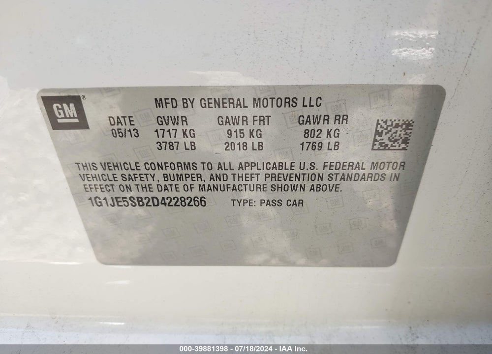2013 CHEVROLET SONIC LTZ AUTO VIN: 1G1JE5SB2D4228266