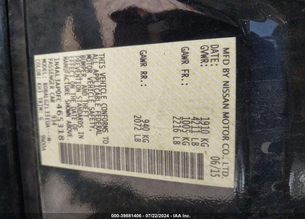 2015 NISSAN ALTIMA 2.5 S VIN: 1N4AL3AP0FC465318