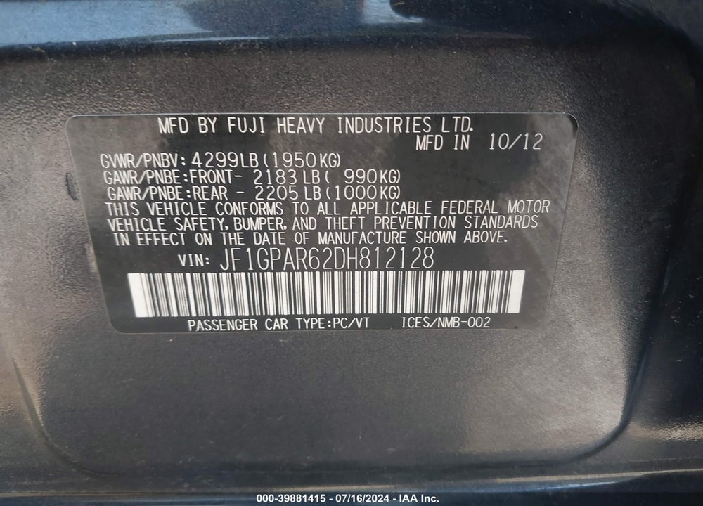2013 SUBARU IMPREZA 2.0I SPORT LIMITED VIN: JF1GPAR62DH812128