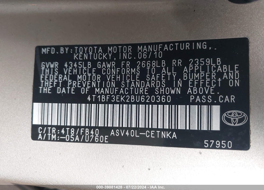2011 TOYOTA CAMRY VIN: 4T1BF3EK2BU620360