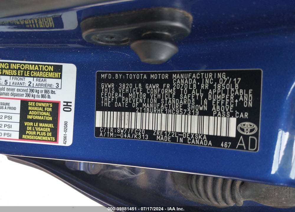 2017 TOYOTA COROLLA SE VIN: 2T1BURHE1HC957319