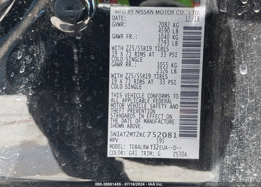 2019 NISSAN ROGUE SL VIN: 5N1AT2MT2KC752081