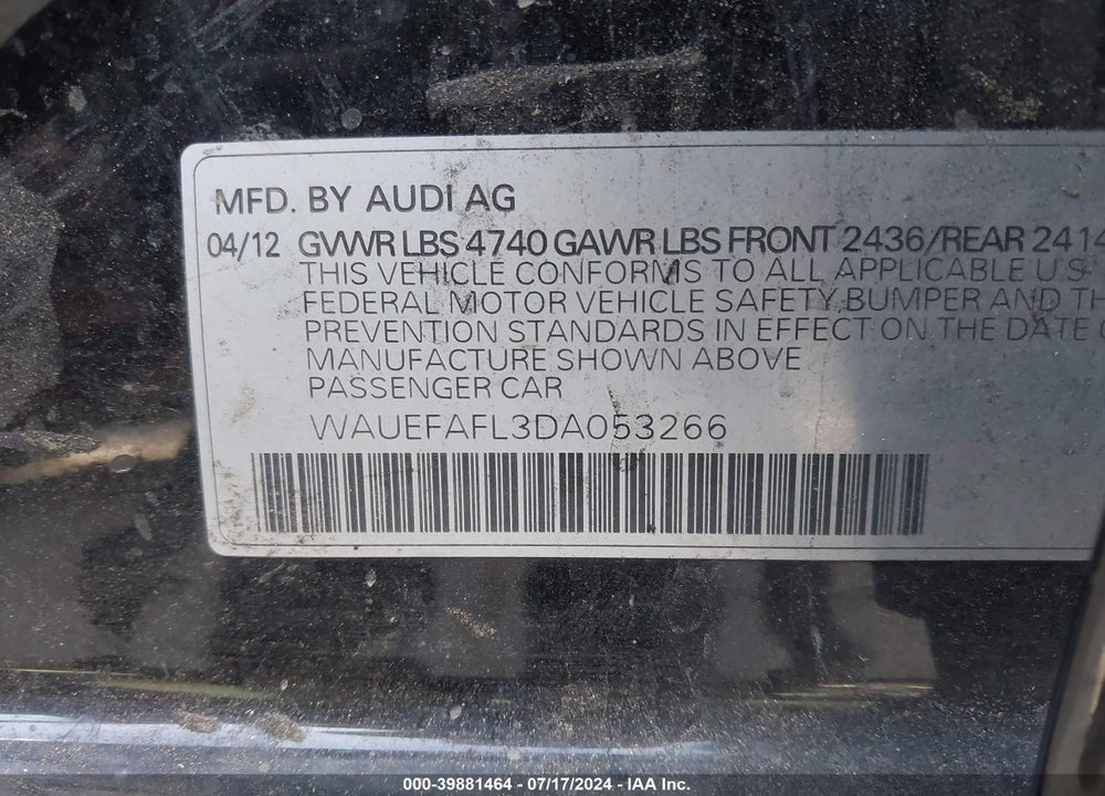 2013 AUDI A4 2.0T PREMIUM VIN: WAUEFAFL3DA053266