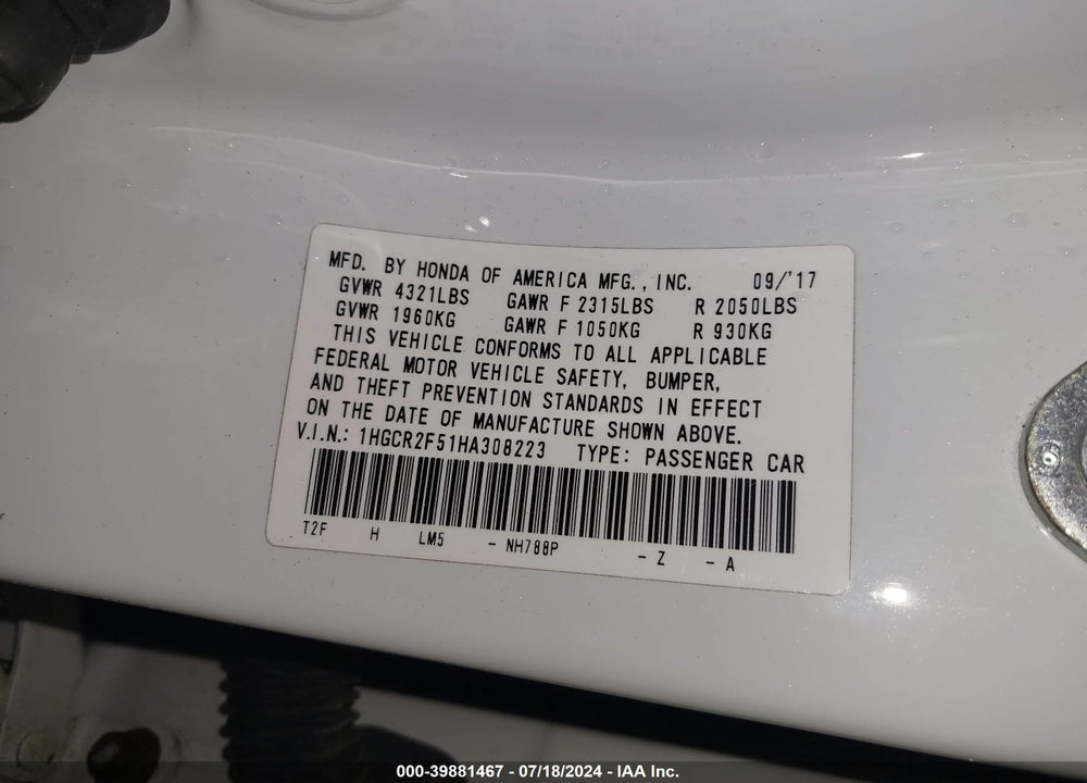 2017 HONDA ACCORD SPORT VIN: 1HGCR2F51HA308223