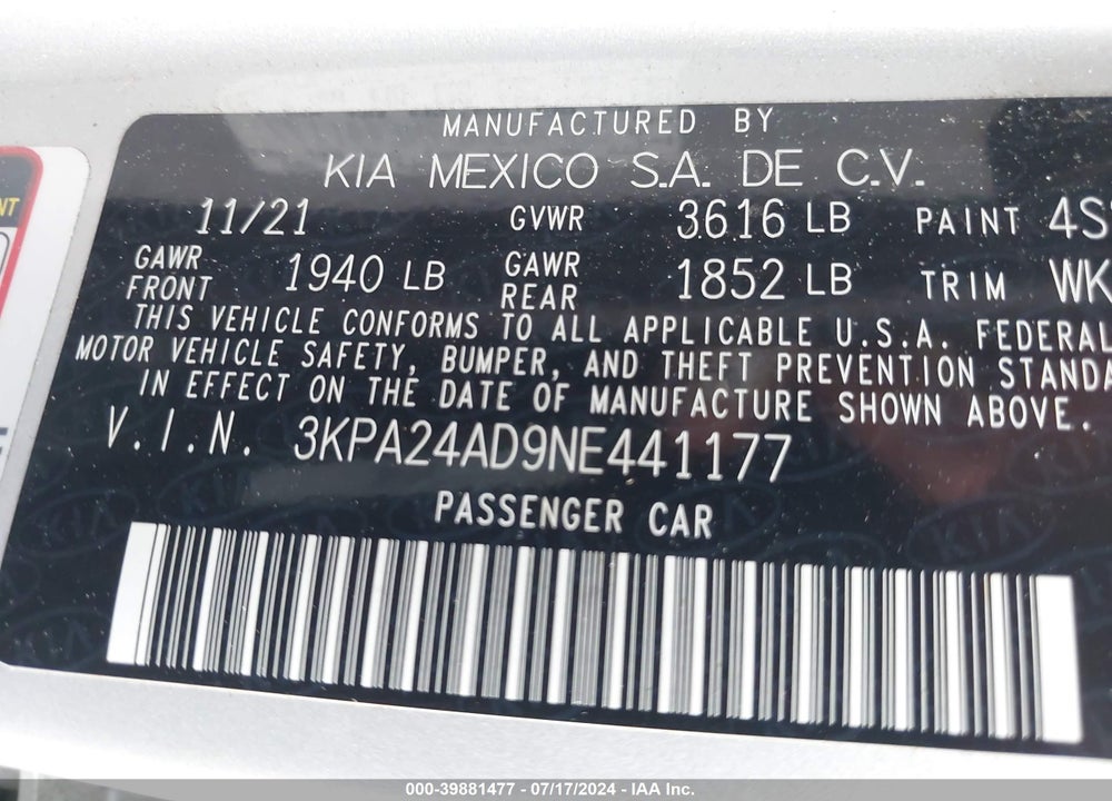 2022 KIA RIO LX VIN: 3KPA24AD9NE441177