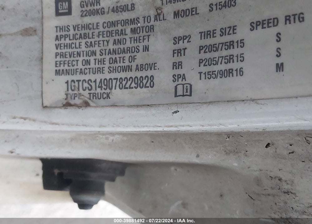 2007 GMC CANYON WORK TRUCK VIN: 1GTCS149078229828