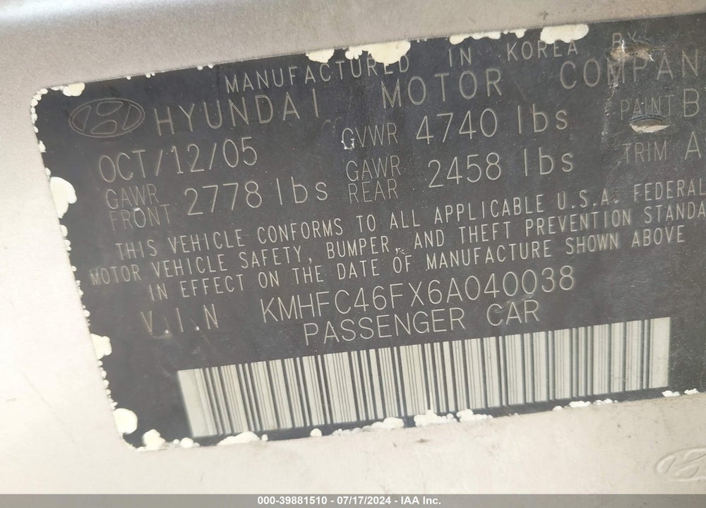 2006 HYUNDAI AZERA LIMITED/SE VIN: KMHFC46FX6A040038